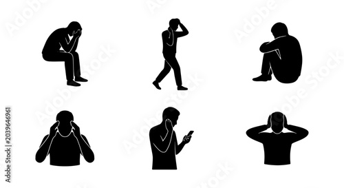 Foto Sadness, Stress, and Despair Silhouettes: 6 Figures Depicting Emotional Distress