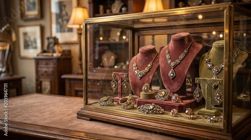 Atmospheric interior view of vintage jewelry counter filled with old treasures and decor