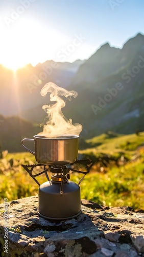 A serene scene of a steaming cup on a portable stove atop a rocky outcrop