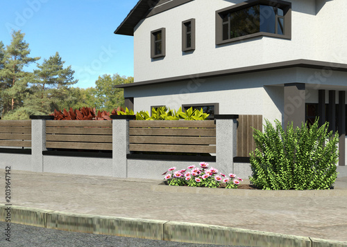 Contemporary two story house with large windows, fence, and landscaped garden. Perfect for real estate, architecture, or home design projects showcasing modern residential aesthetics. 3D Illustration