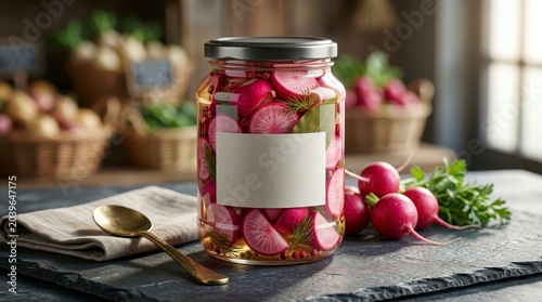Jar of pickled radishes with blank label and fresh ingredients