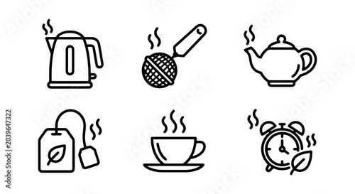 Fotografía Tea Time Icons: Kettle, Teapot, Cup, Tea Bag, Infuser, Alarm Clock Vector Set