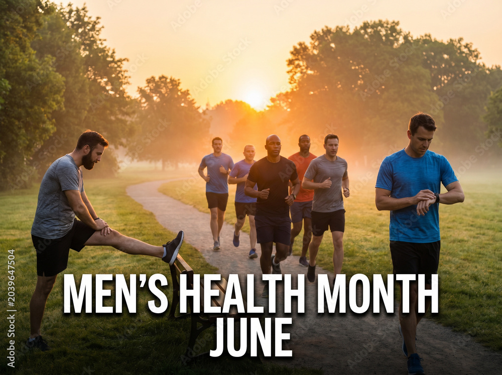 Fototapeta premium Mens Health Month June text with diverse group of men jogging in park at sunrise lifestyle stock photo