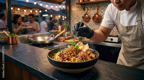 Chef garnishing a bowl of noodles at a street food stall
