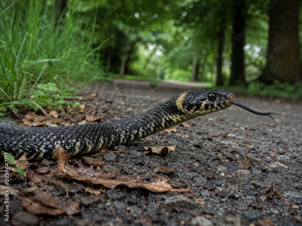 Fototapeta premium Black and yellow patterned snake with forked tongue on a gravel path surrounded by green grass and trees in a natural outdoor setting during daylight