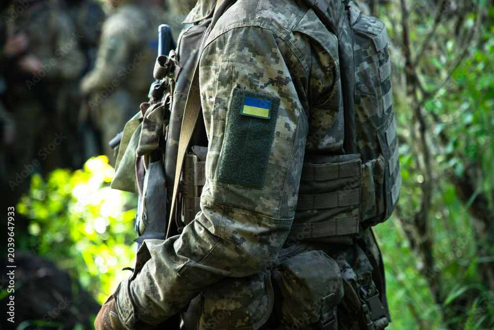 Naklejka premium Ukrainian soldier in pixel camouflage uniform with national flag patch sitting in grass