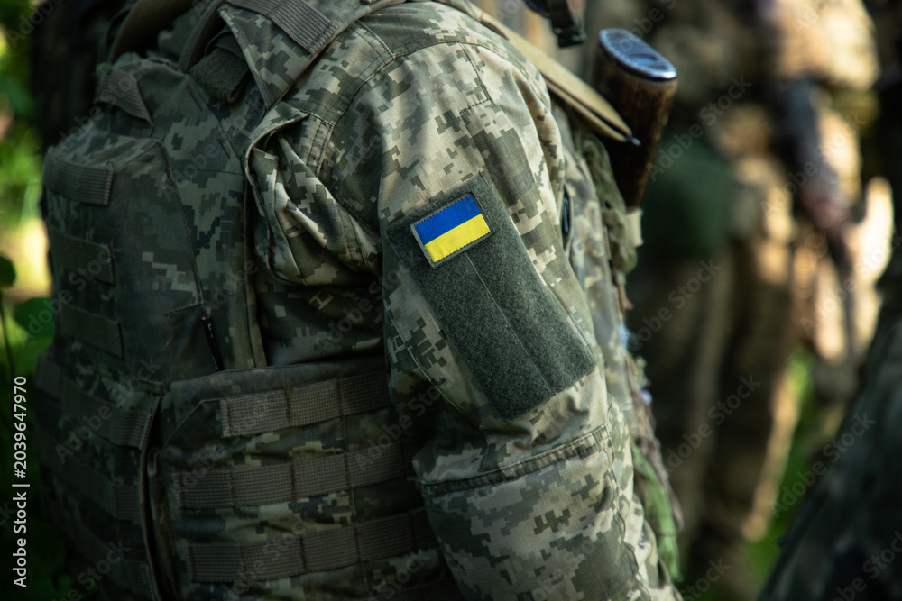 Naklejka premium Ukrainian soldier in pixel camouflage uniform with national flag patch sitting in grass