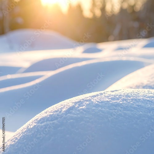 A serene snowy landscape with rolling hills and a sunny sky