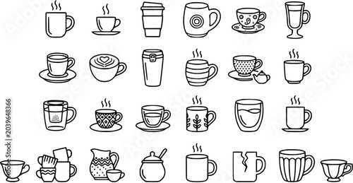 Obraz na płótnie Food  Drink Coffee and Tea Cups  Mugs Black and White Line Art Icons Set