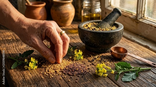 Hand picking mustard seeds on rustic wooden table