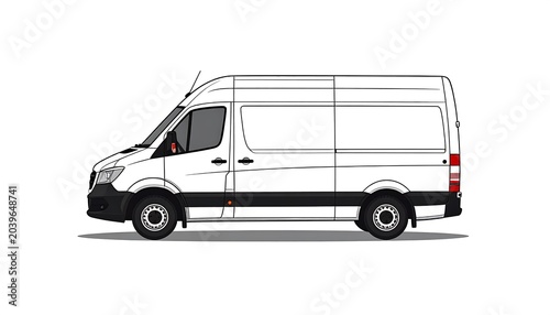 White Cargo Van Parked in Side View on Plain Gray Background