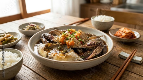 Authentic Korean Ganjang Gejang with rice and side dishes