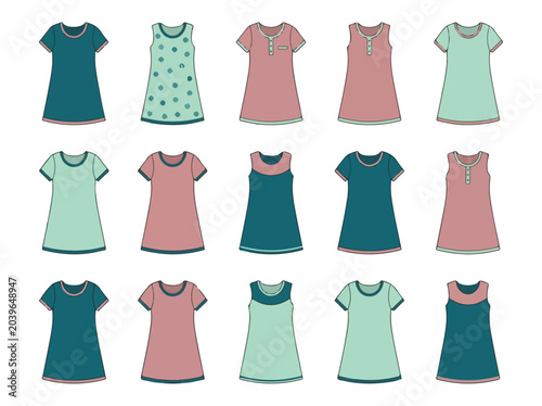 Women sleepwear collection, 15 nightgown vector icons in pastel colors, feminine loungewear and nightdress set for fashion design and retail