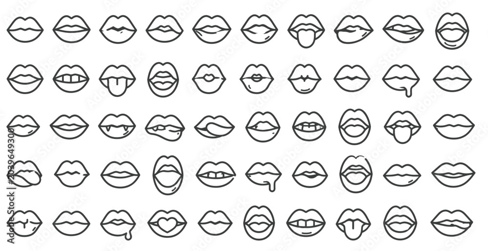 Fototapeta premium Lips and Mouth Shape Variations Outline Icon Web Vector Collection.