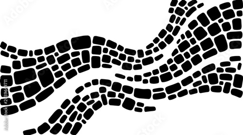 Abstract vector graphic illustration featuring flowing black stone brick patterns arranged in a dynamic wavy design