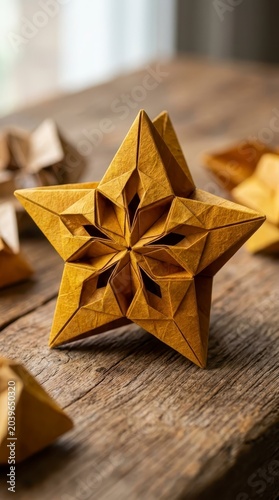 Golden origami star on rustic wooden table