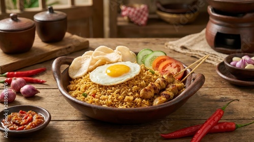 Nasi Goreng with fried egg chicken satay and condiments