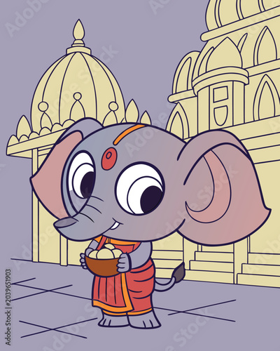 Cartoon elephant in traditional Indian attire, holding offering, standing in front of temple