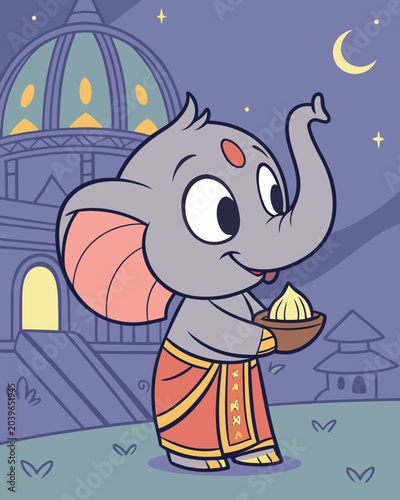 Cartoon elephant in traditional Indian attire, holding sweets, purple night scene, festive illustration