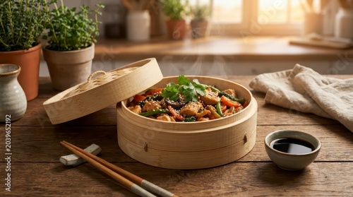 Steaming chicken and vegetable stir-fry in bamboo steamer