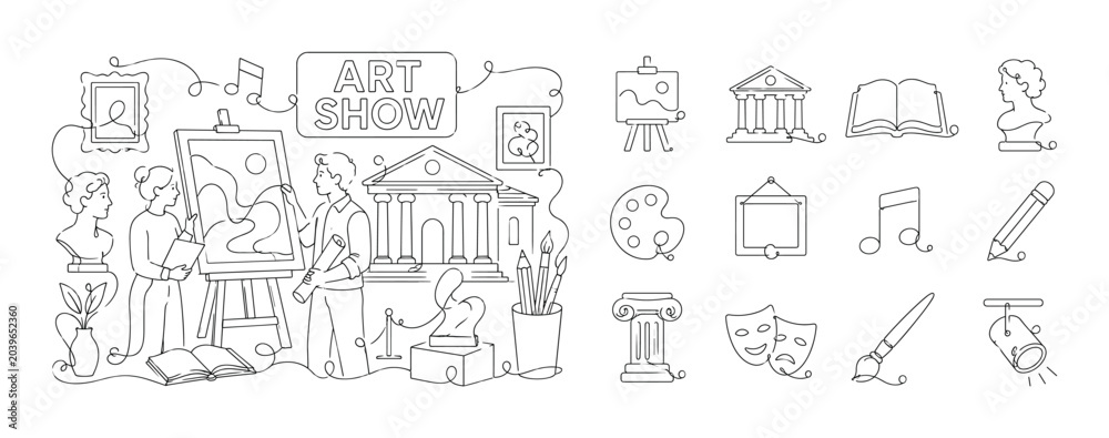 Obraz premium Art Culture Collection. Clean one-line drawing banner composition showing oversized painting canvas and large museum building with 2 artists preparing an exhibition, scattered book, sculpture, music