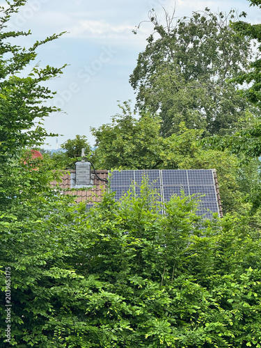 Rooftop solar panels integrated into a residential home surrounded by lush green trees
