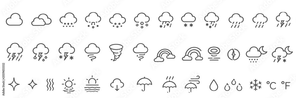 Obraz premium Cloud and Storm Weather Outline Icons Set Collection for Meteorology and Weather Forecast Apps. Illustration eps10.
