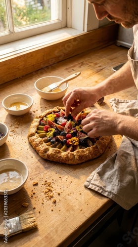 Man decorating a rustic fruit galette with fresh berries and figs