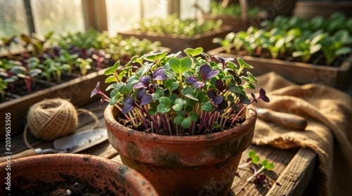 Vibrant microgreens growing in a terracotta pot