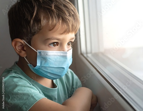 A young boy in a blue mask looks out the window