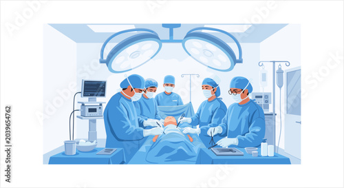 Foto Surgeons in blue scrubs performing a delicate operation.