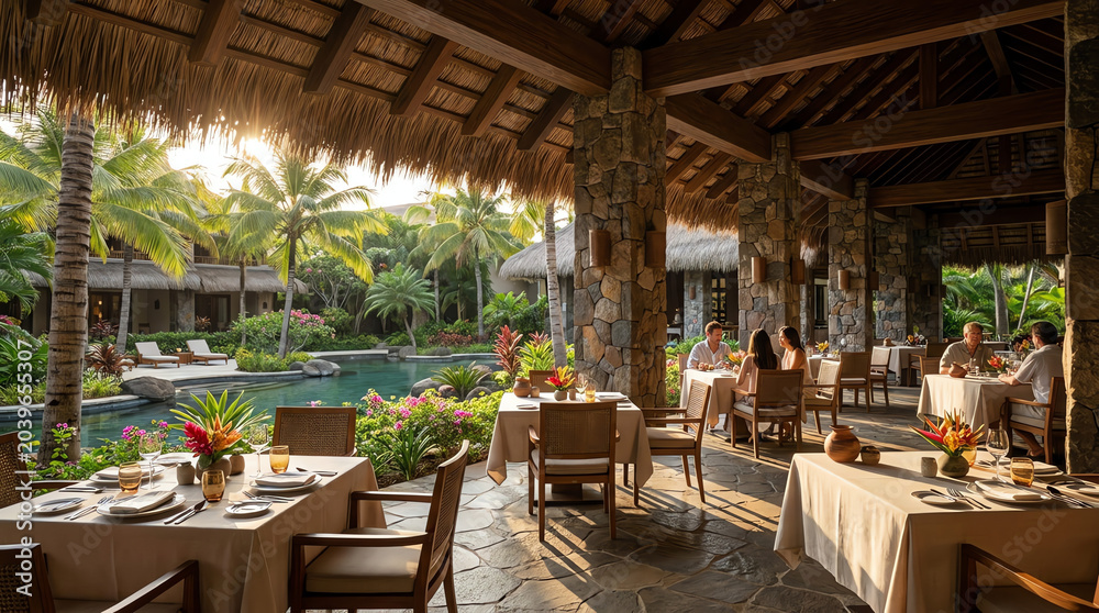 Obraz premium restaurant interior in resort city hotel and resort with outdoor patio dining tables chairs cafe bar luxury food street garden seaside ambiance