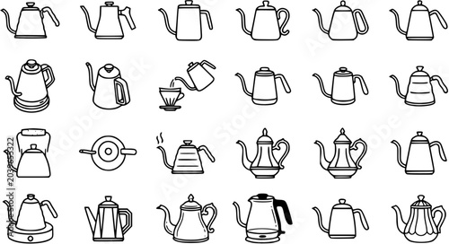 Foto Line Art Kettles and Teapots Icon Set: Outline Illustrations of Coffee Pour-Over, Electric, and Stovetop Kettles for Food and Beverage Industry