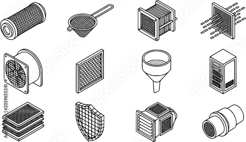 Fotografie HVAC and Industrial Filtration Black and White Line Art Icons: Isometric Vector Set of Filters, Sieves, Fans, Ducts, Screens, and Purification Elements