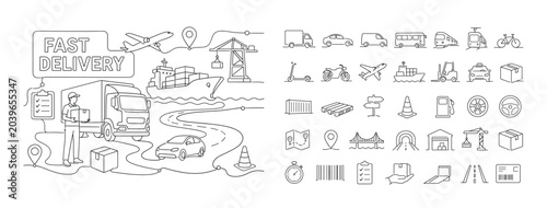 Transport Logistics Vehicles. Clean one-line drawing banner composition showing a delivery driver beside an oversized truck and cargo ship, winding road and shipping route reaching all four edges with