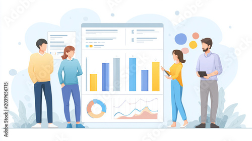 Diverse marketing team collaborates on analyzing customer insights using charts and graphs. team discusses data trends and strategies in modern office setting