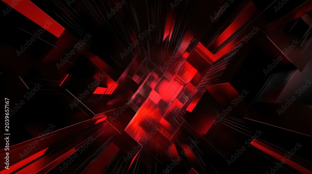 Fototapeta premium Red glowing geometric tunnel with dark cubes and speed lines, abstract cyber technology background for gaming, sci-fi, data and dramatic visuals.