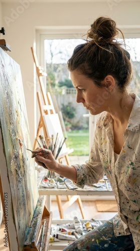 Woman painting with palette knife in art studio