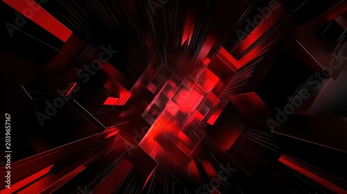 Red glowing geometric tunnel with dark cubes and speed lines, abstract cyber technology background for gaming, sci-fi, data and dramatic visuals.