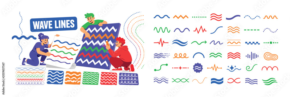 Fototapeta premium Wavy Line Patterns banner, lively abstract design scene with 3 expressive stylized human characters interacting with oversized wavy line sheet and giant zigzag pattern board, dotted line strip
