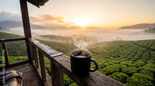 Steaming Mug on a Balcony Overlooking Misty Tea Plantations at Sunrise