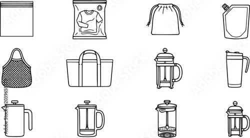 Fotografie Black and white line art icons of reusable bags, travel mugs, and French presses
