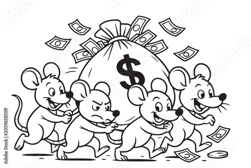 Tableau sur toile Vector art of many rats carrying a large sack of money, symbolizing corruption, greed, financial misconduct, and social issues through a conceptual illustration