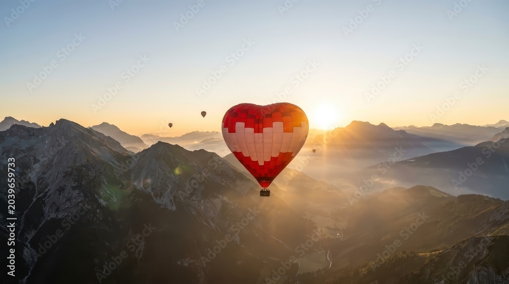 Fototapeta premium Heart hot air balloon over majestic mountains at sunrise
