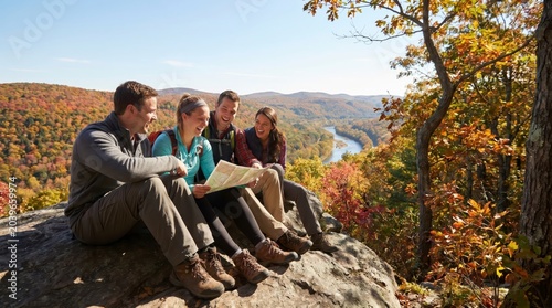 Happy friends hiking reading map on autumn mountain overlook