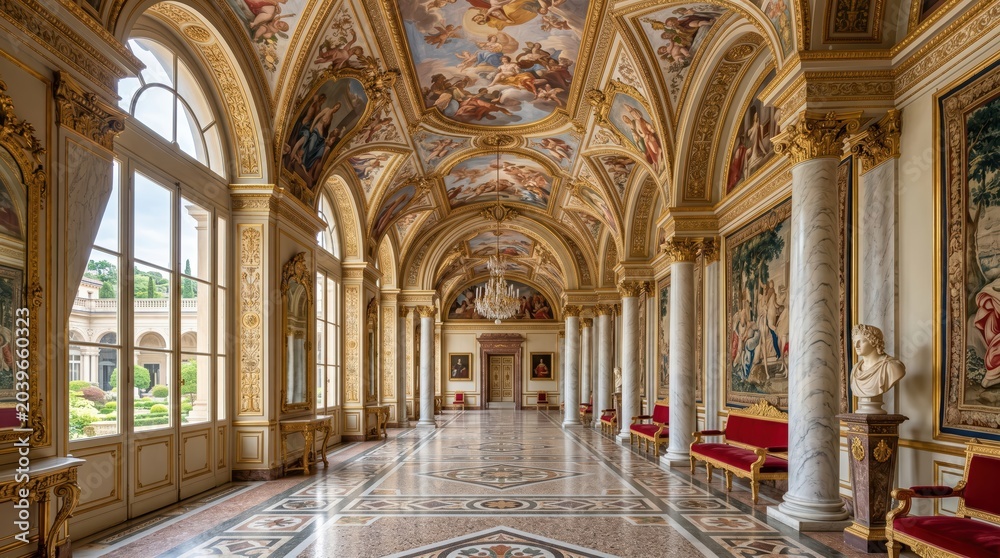 Obraz premium Ornate palace corridor lined with marble columns and frescoed vaulted ceiling overlooking garden courtyard through large arched windows