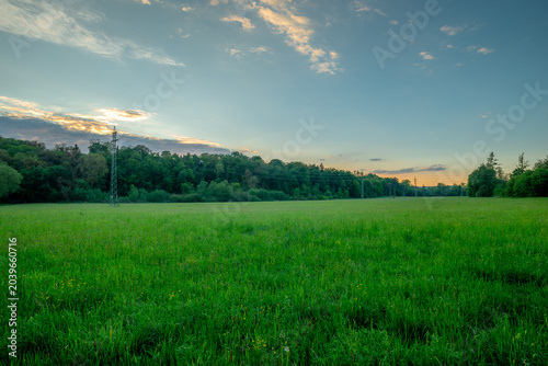 Cuadro en lienzo Wide panoramic view of a vast green countryside meadow intersected by a line of high voltage power pylons, set against a dark forest backdrop and a colorful sunset sky on the horizon