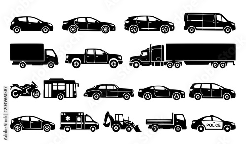 Photos Vehicle Black Silhouette Icon Set with Cars SUVs Trucks Vans and Electric Vehicl