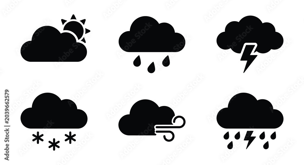Obraz premium weather icons set in black silhouette clouds sun rain thunder snow wind forecast symbol sign graphic