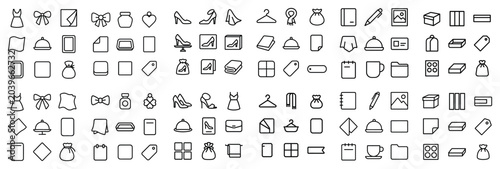 Fashion and stationery design icons with dress, shoe, notebook and pen for web design in minimal outline style